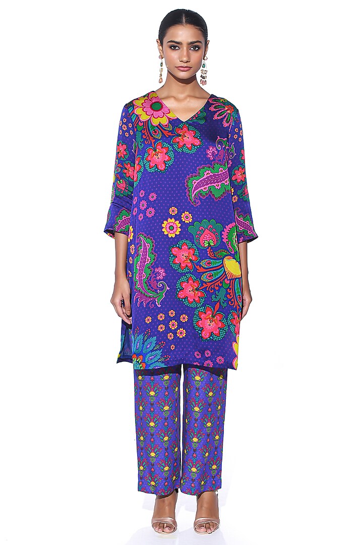Twilight Blue Organza Satin Paisley Printed Kurta Set by SIDDHARTHA BANSAL at Pernia's Pop Up Shop