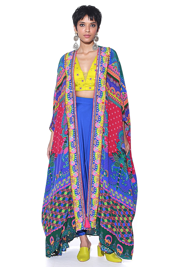 Multi-Colored Crepe Hand Embroidered Cape Set by SIDDHARTHA BANSAL