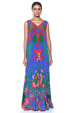 Electric Blue Pure Crepe Paisley Wide-Legged Jumpsuit by SIDDHARTHA BANSAL