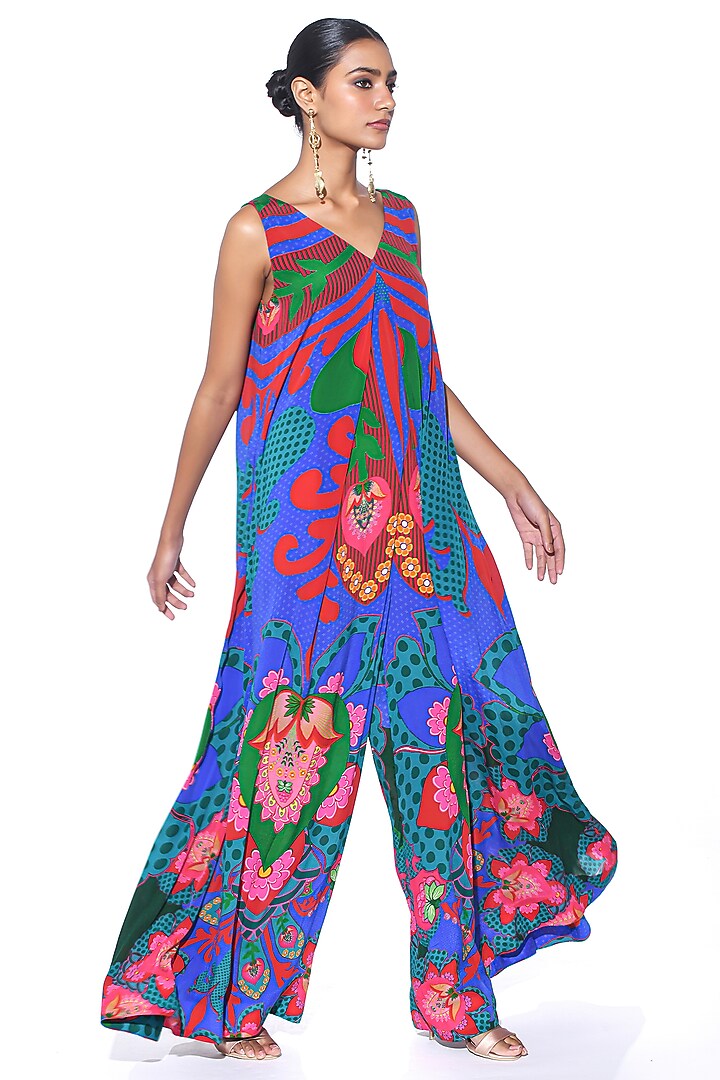 Electric Blue Pure Crepe Paisley Wide-Legged Jumpsuit by SIDDHARTHA BANSAL at Pernia's Pop Up Shop