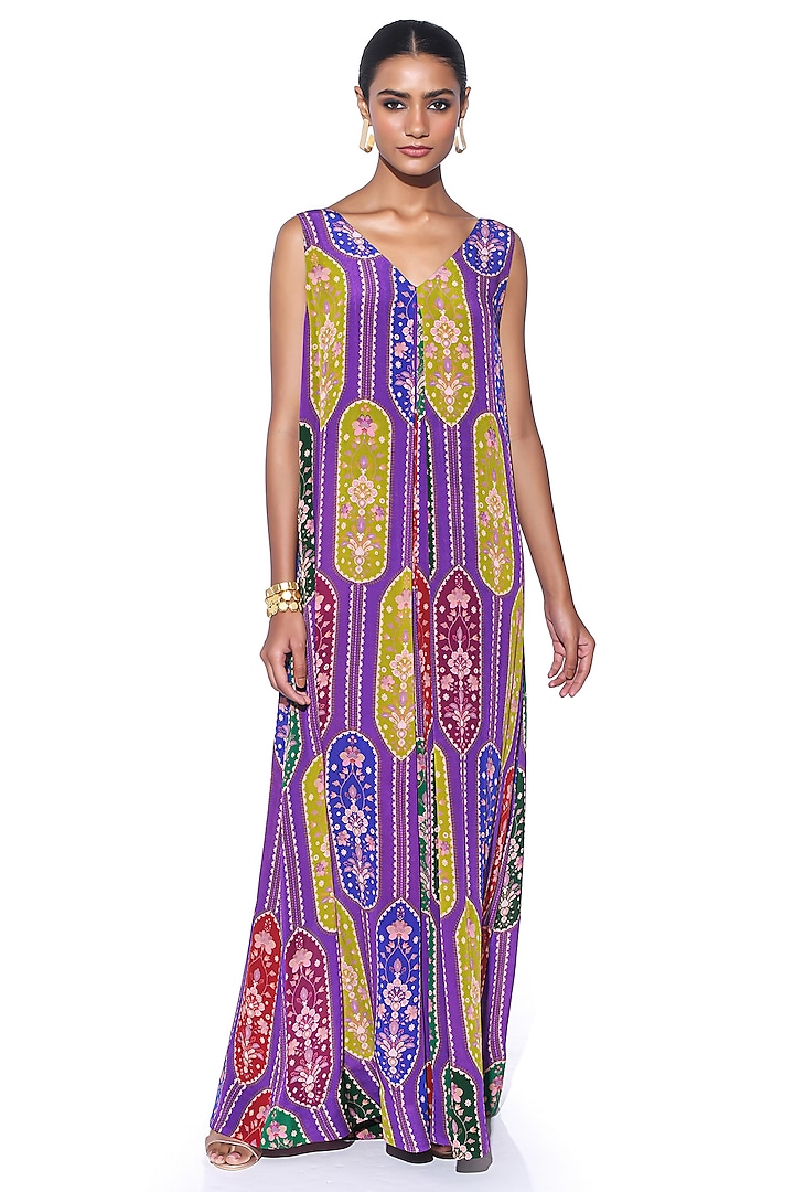 Violet Pure Crepe Paisley Wide-Legged Jumpsuit by SIDDHARTHA BANSAL