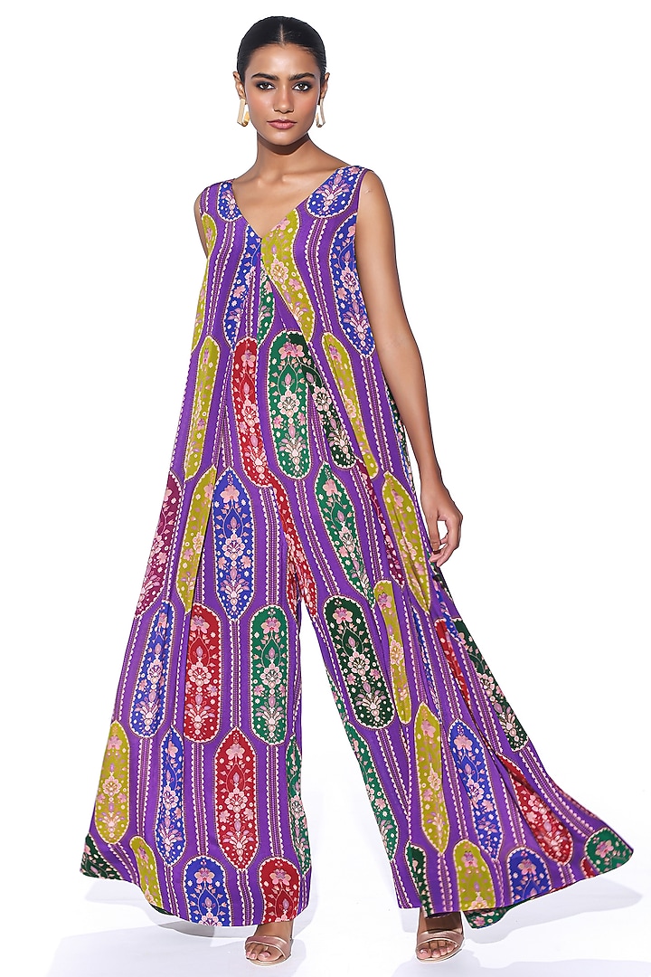 Violet Pure Crepe Paisley Wide-Legged Jumpsuit by SIDDHARTHA BANSAL at Pernia's Pop Up Shop