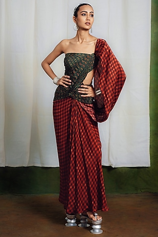 Courtyard Green Crepe Asymmetric Draped Saree Dress by SIDDHARTHA BANSAL