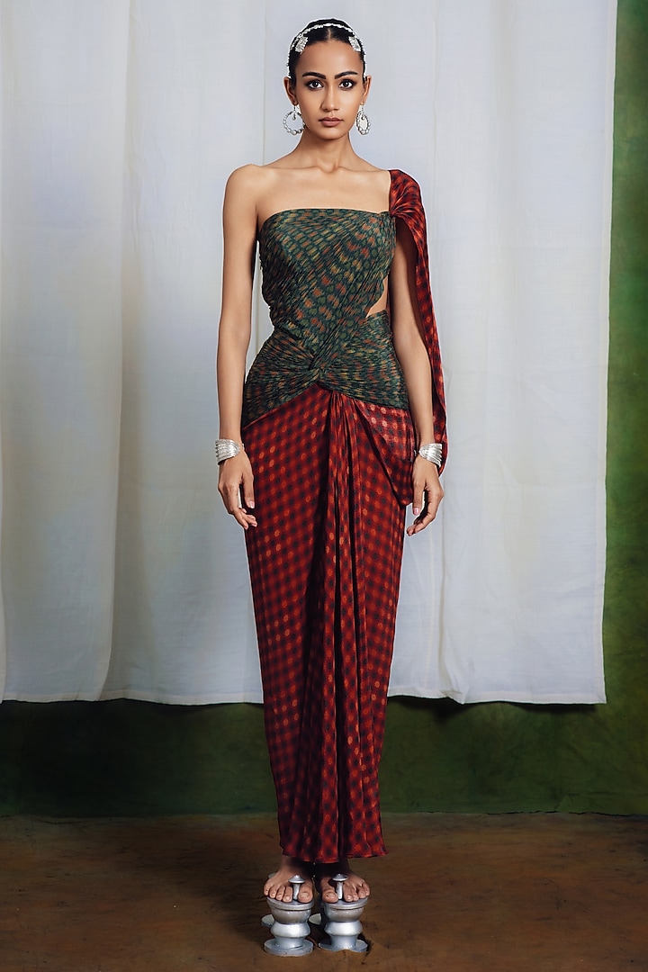 Courtyard Green Crepe Asymmetric Draped Saree Cocktail Dress by SIDDHARTHA BANSAL at Pernia's Pop Up Shop