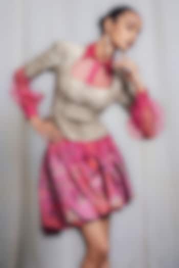 Pink Raw Silk Printed Asymmetric Bubble Skirt Set by SIDDHARTHA BANSAL at Pernia's Pop Up Shop