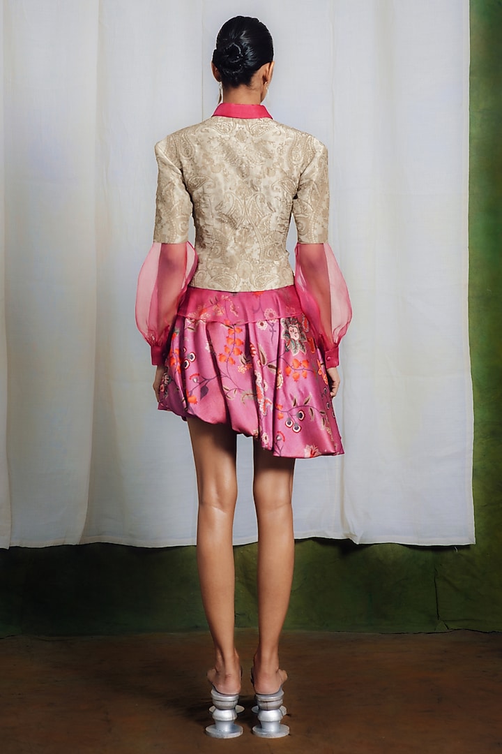 Pink Raw Silk Printed Asymmetric Bubble Skirt Set by SIDDHARTHA BANSAL at Pernia's Pop Up Shop