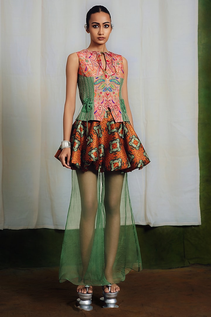 Multi-Colored Raw Silk Printed Bubble Skirt Set by SIDDHARTHA BANSAL at Pernia's Pop Up Shop