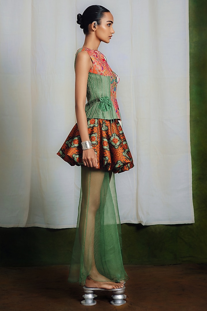 Multi-Colored Raw Silk Printed Bubble Skirt Set by SIDDHARTHA BANSAL at Pernia's Pop Up Shop