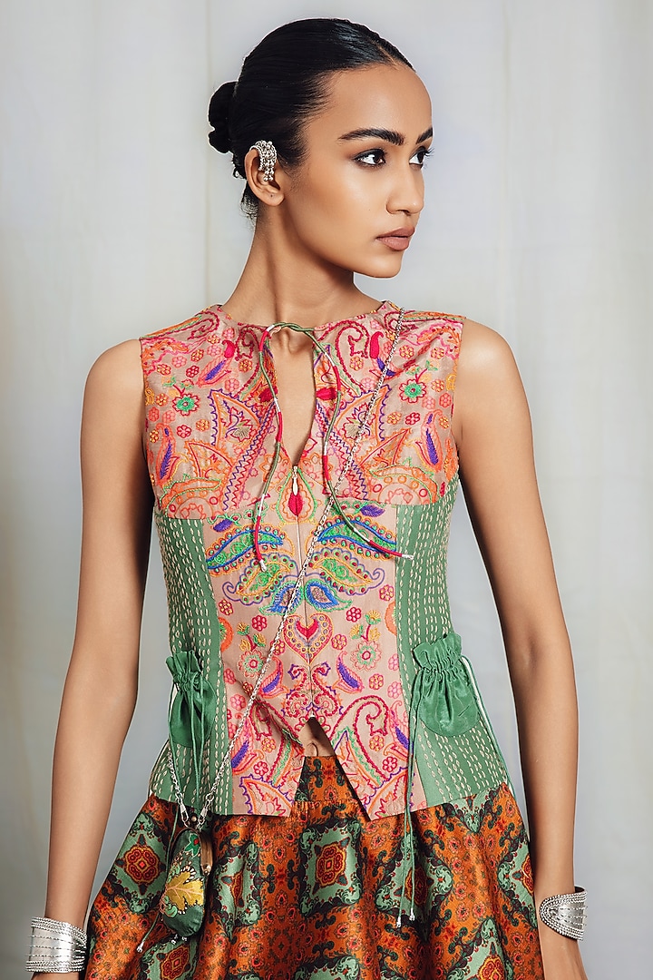 Multi-Colored Raw Silk Printed Bubble Skirt Set by SIDDHARTHA BANSAL at Pernia's Pop Up Shop