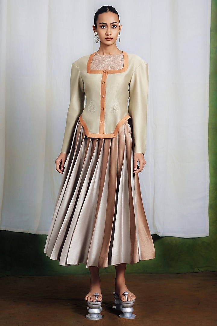 Brown Raw Silk Paneled Knife Skirt Set by SIDDHARTHA BANSAL at Pernia's Pop Up Shop