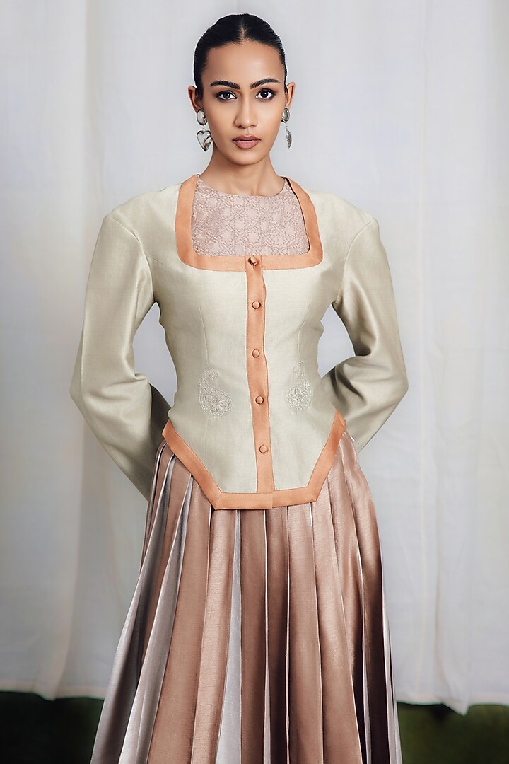 Brown Raw Silk Paneled Knife Skirt Set by SIDDHARTHA BANSAL at Pernia's Pop Up Shop