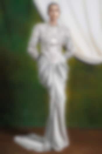 Silver Raw Silk Draped Party Wear Dress With Top by SIDDHARTHA BANSAL at Pernia's Pop Up Shop