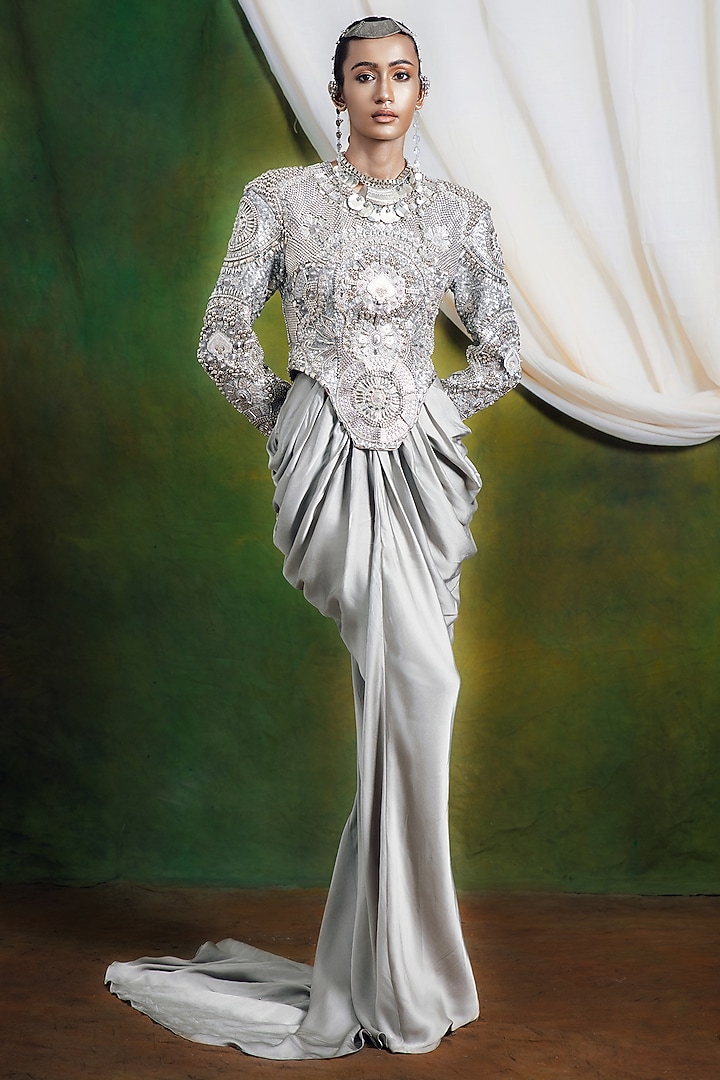 Silver Raw Silk Draped Party Wear Dress With Top by SIDDHARTHA BANSAL at Pernia's Pop Up Shop