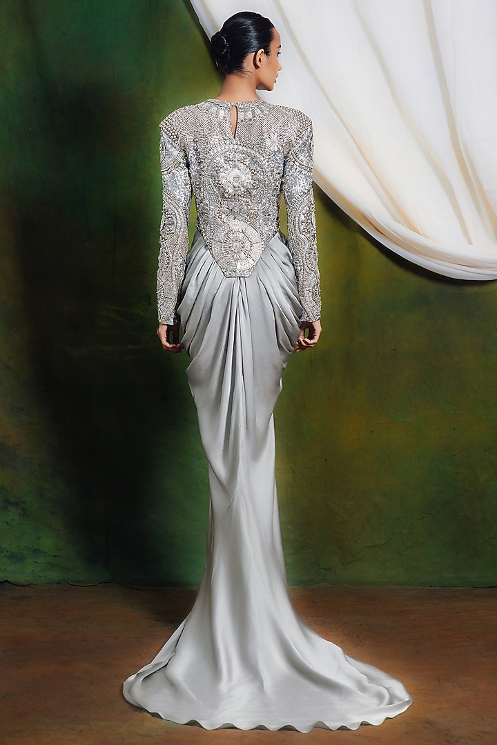Pernia's Pop Up Shop - Siddhartha Bansal Women Silver Raw Silk Draped Dress with Top