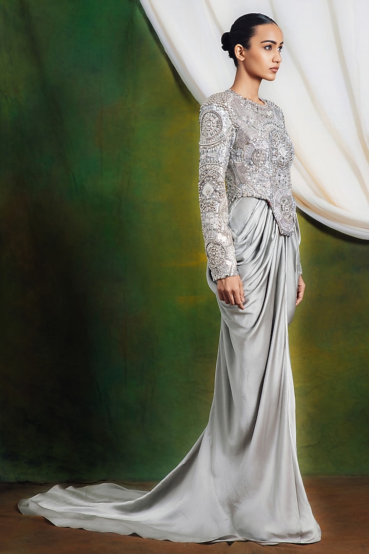 Silver Raw Silk Draped Party Wear Dress With Top by SIDDHARTHA BANSAL at Pernia's Pop Up Shop