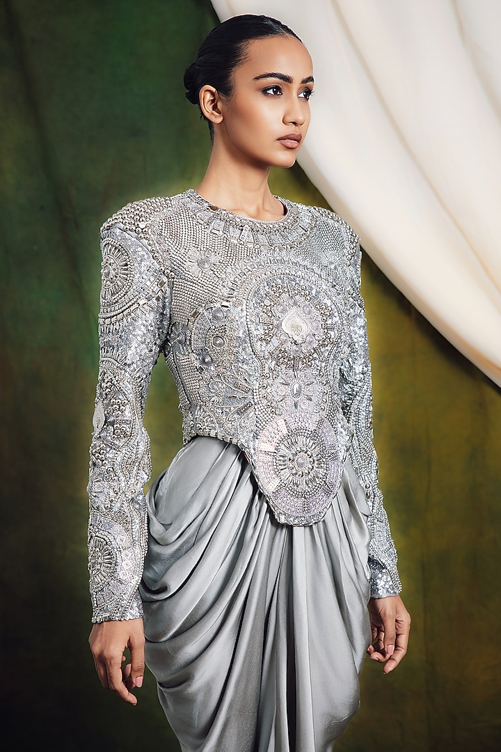 Silver Raw Silk Draped Party Wear Dress With Top by SIDDHARTHA BANSAL at Pernia's Pop Up Shop
