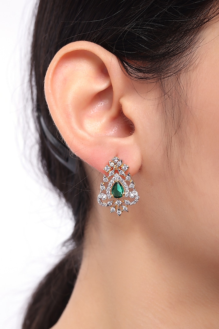 Gold Finish Zircon & Green Stone Dangler Earrings In Sterling Silver by Sica Jewellery