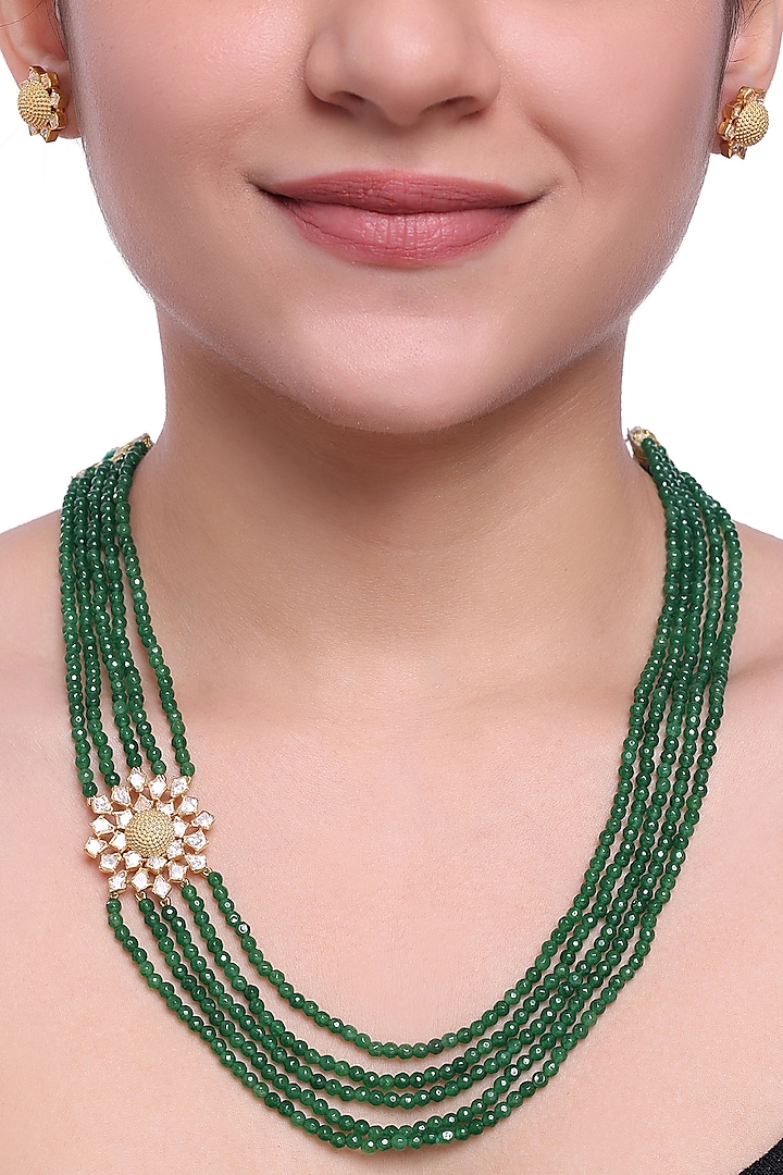 Gold Finish Kundan Polki Necklace Set In Sterling Silver by Sica Jewellery