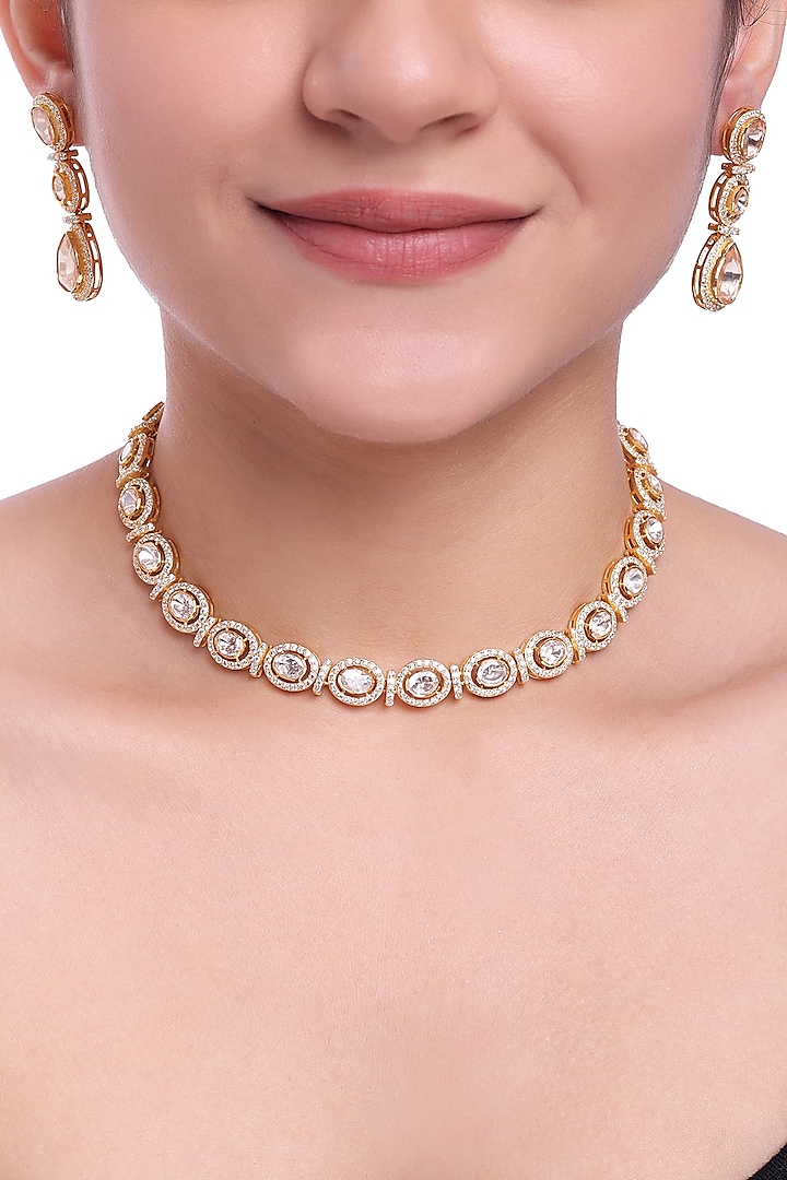 White Finish Kundan Polki Necklace Set In Sterling Silver by Sica Jewellery