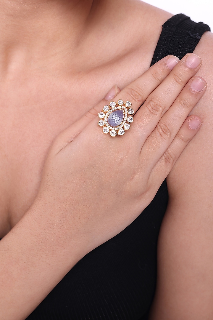 Gold Finish Kundan Polki & Blue Stone Ring In Sterling Silver by Sica Jewellery