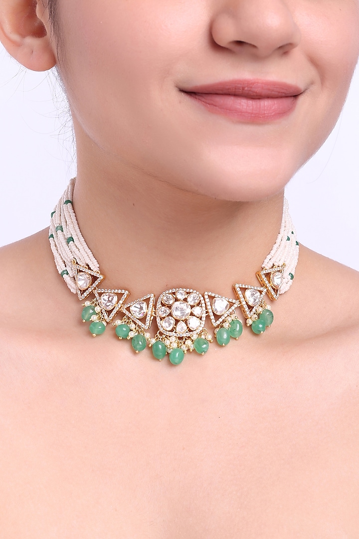 Gold Finish Kundan Polki Necklace In Sterling Silver by Sica Jewellery