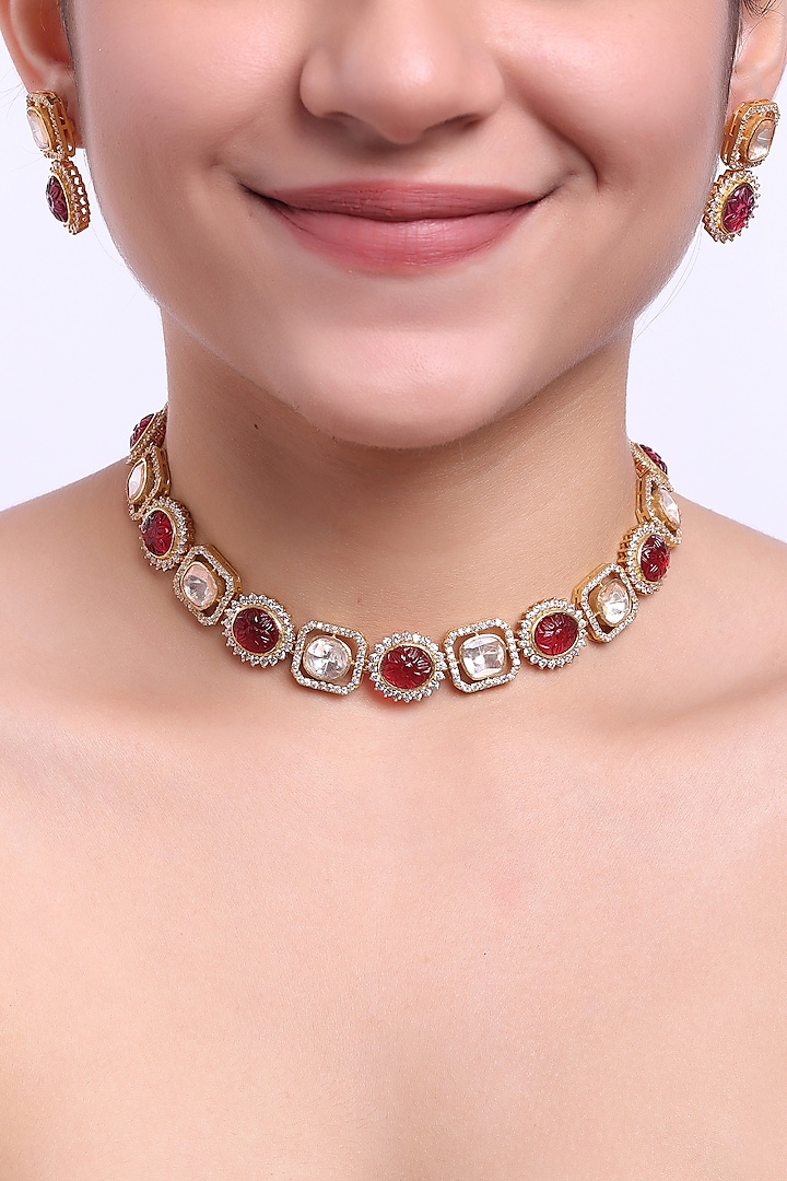 Gold Finish Kundan Polki & Red Stone Necklace Set In Sterling Silver by Sica Jewellery