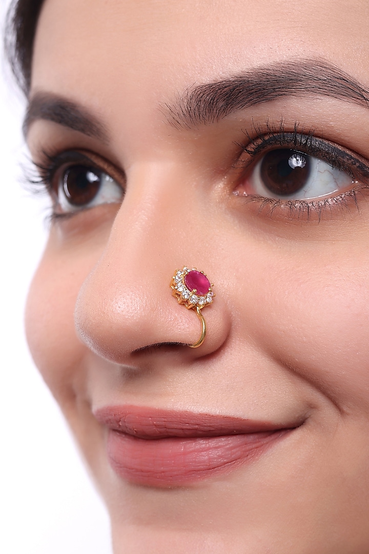 Gold Finish Zircon & Red Stone Nose Ring In Sterling Silver by Sica Jewellery