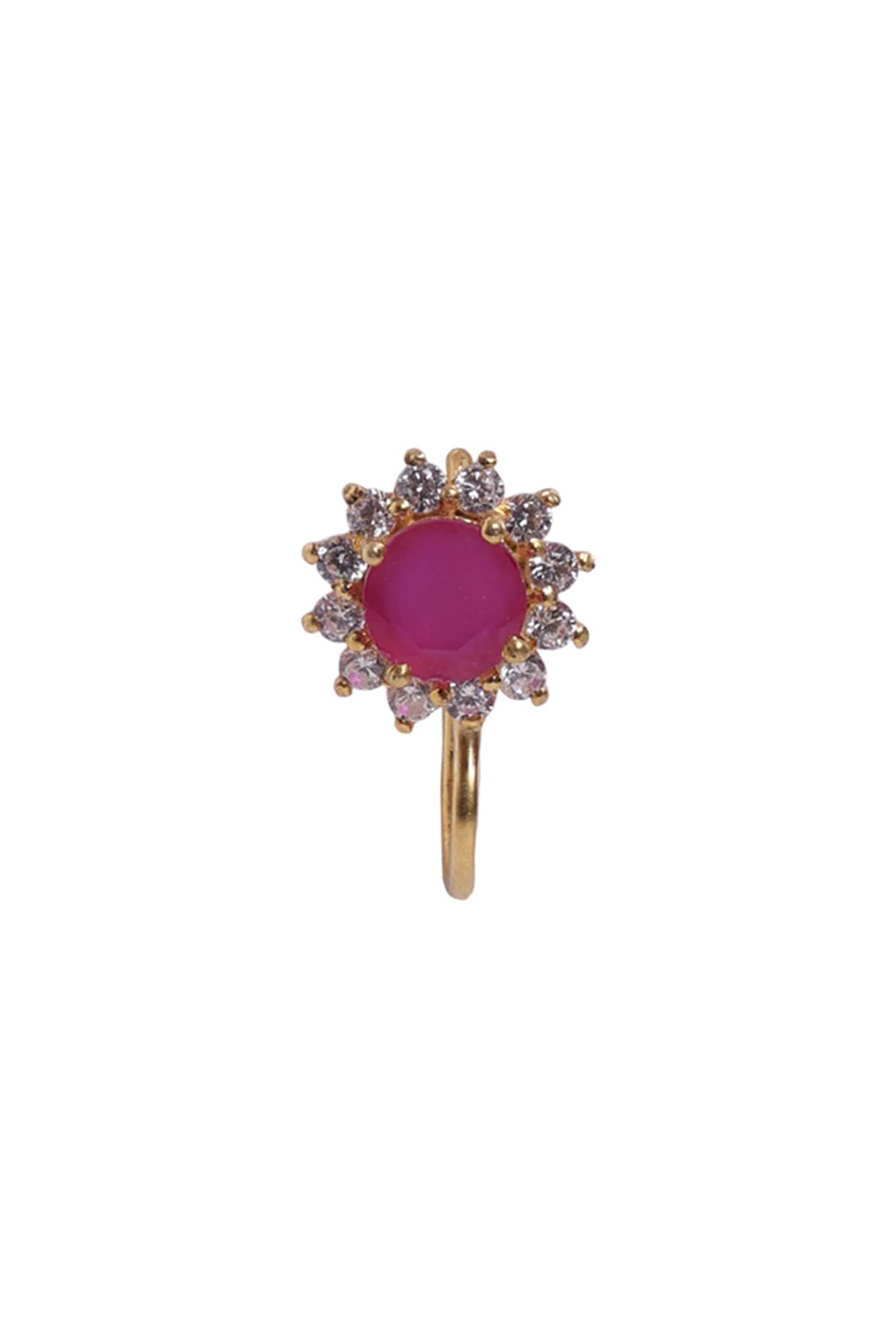 Gold Finish Zircon Red Stone Nose Ring In Sterling Silver by