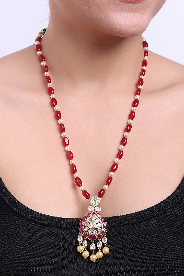 White Finish Kundan Polki & Red Stone Long Necklace In Sterling Silver by Sica Jewellery