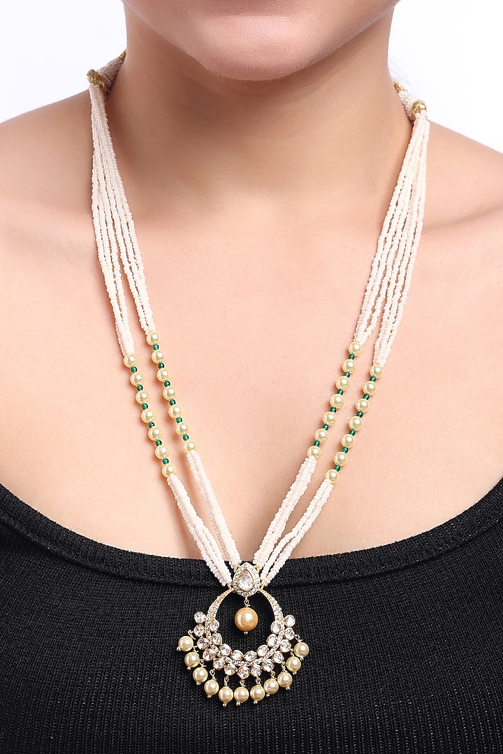 Gold Finish Kundan Polki Long Necklace In Sterling Silver by Sica Jewellery