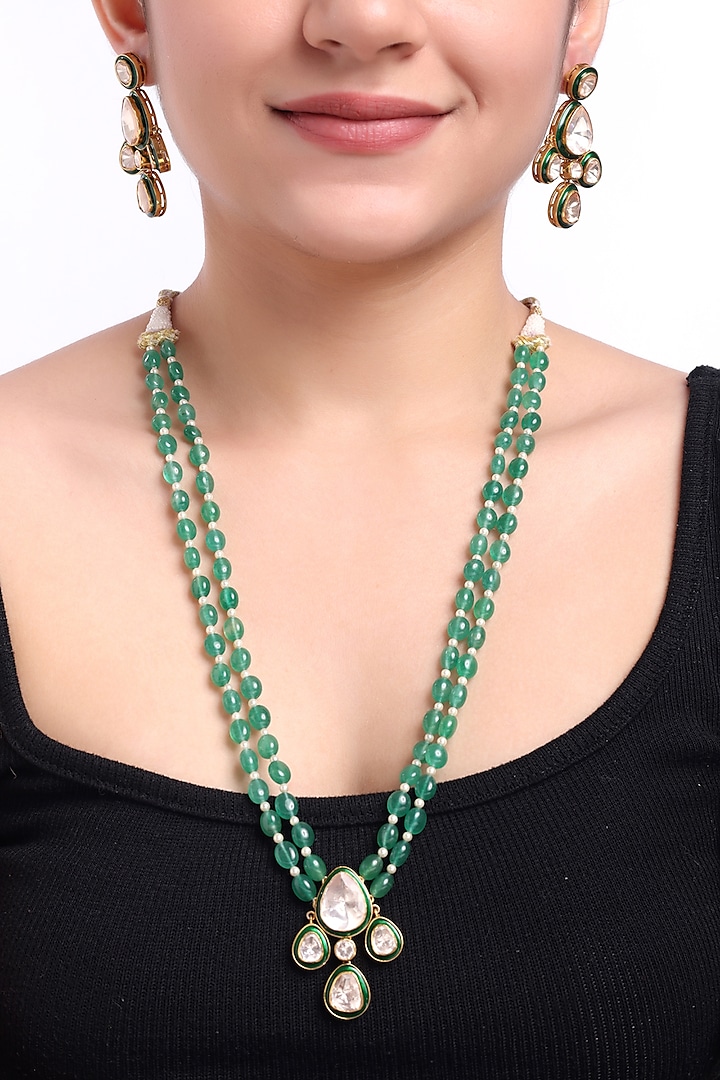 Gold Finish Kundan Polki & Green Stone Long Necklace Set In Sterling Silver by Sica Jewellery