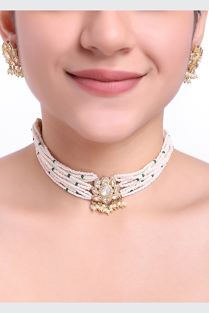 Gold Finish Kundan Polki Choker Necklace Set In Sterling Silver by Sica Jewellery