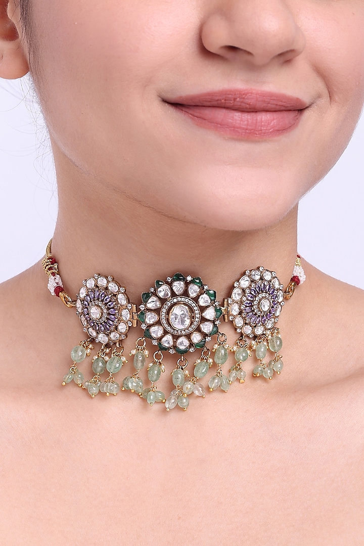 Gold Finish Kundan Polki & Green Stone Choker Necklace In Sterling Silver by Sica Jewellery