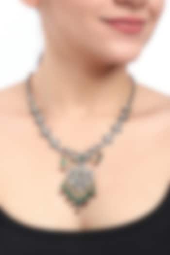 Black Rhodium Finish Kundan Polki & Green Stone Long Necklace In Sterling Silver by Sica Jewellery