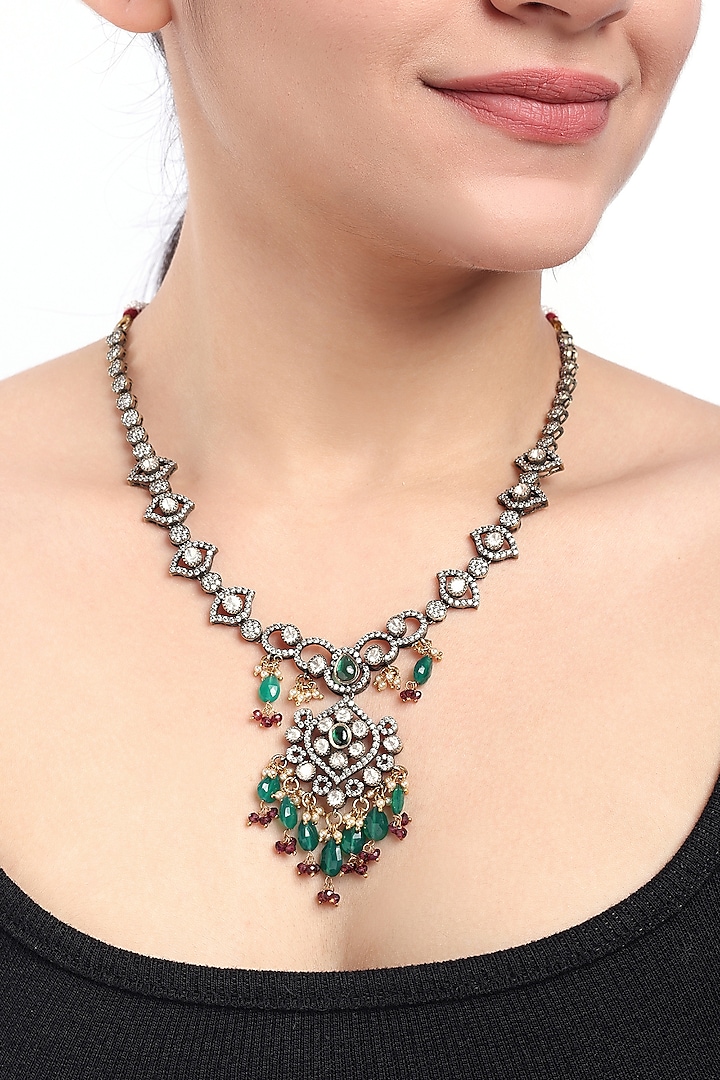 Black Rhodium Finish Kundan Polki & Green Stone Long Necklace In Sterling Silver by Sica Jewellery