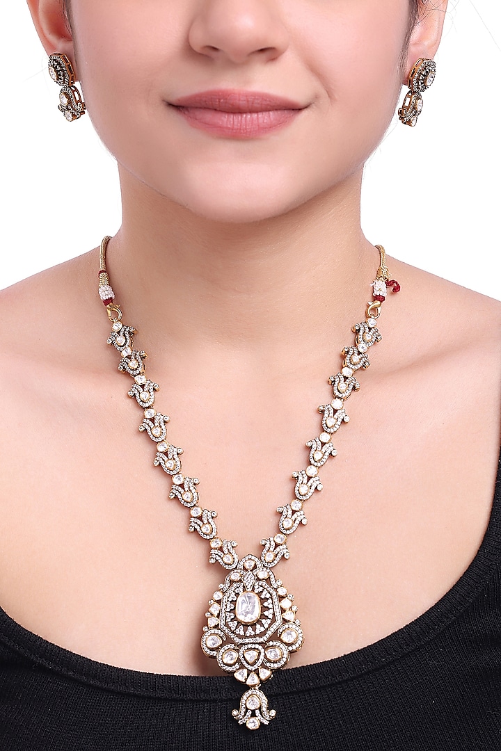 Two Tone Finish Kundan Polki Long Necklace Set In Sterling Silver by Sica Jewellery