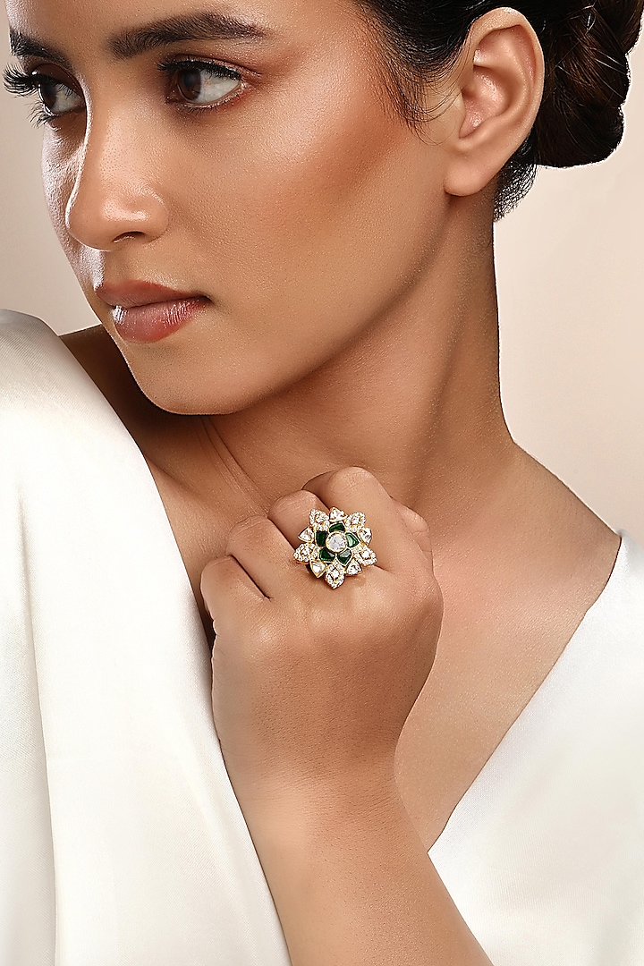 Gold Plated Green Kundan Polki Ring In Sterling Silver by Sica Jewellery at Pernia's Pop Up Shop