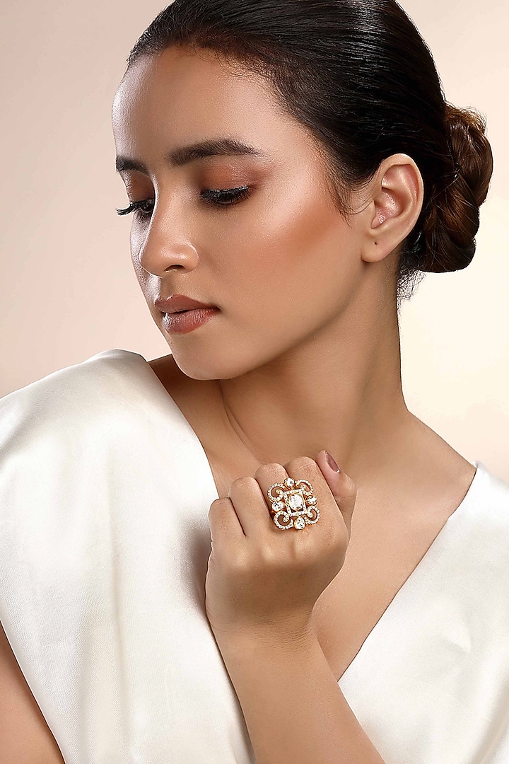 Gold Plated Kundan Polki Ring In Sterling Silver by Sica Jewellery at Pernia's Pop Up Shop