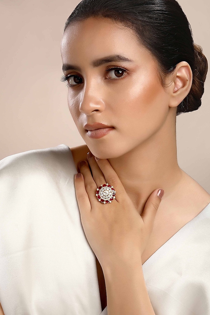 Gold Plated Pink Kundan Polki Ring In Sterling Silver by Sica Jewellery at Pernia's Pop Up Shop