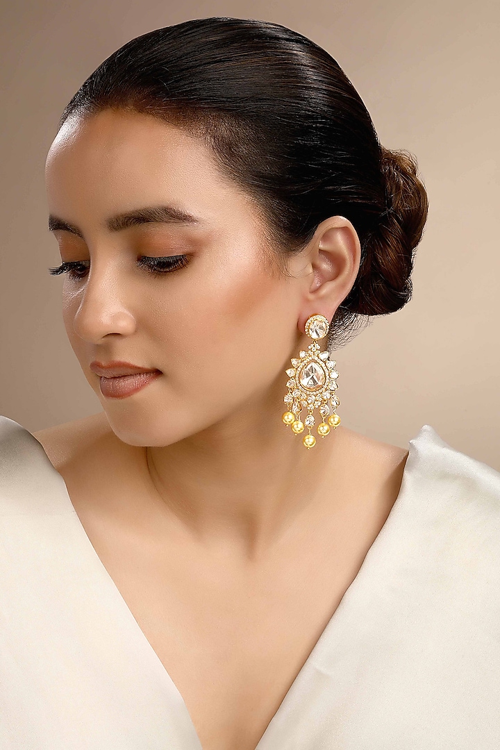 Gold Plated Cream Kundan Polki Dangler Earrings In Sterling Silver by Sica Jewellery at Pernia's Pop Up Shop