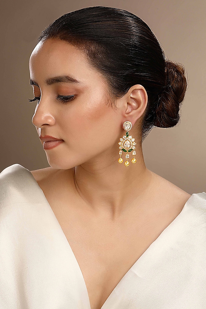 Gold Plated Green Kundan Polki Dangler Earrings In Sterling Silver by Sica Jewellery at Pernia's Pop Up Shop