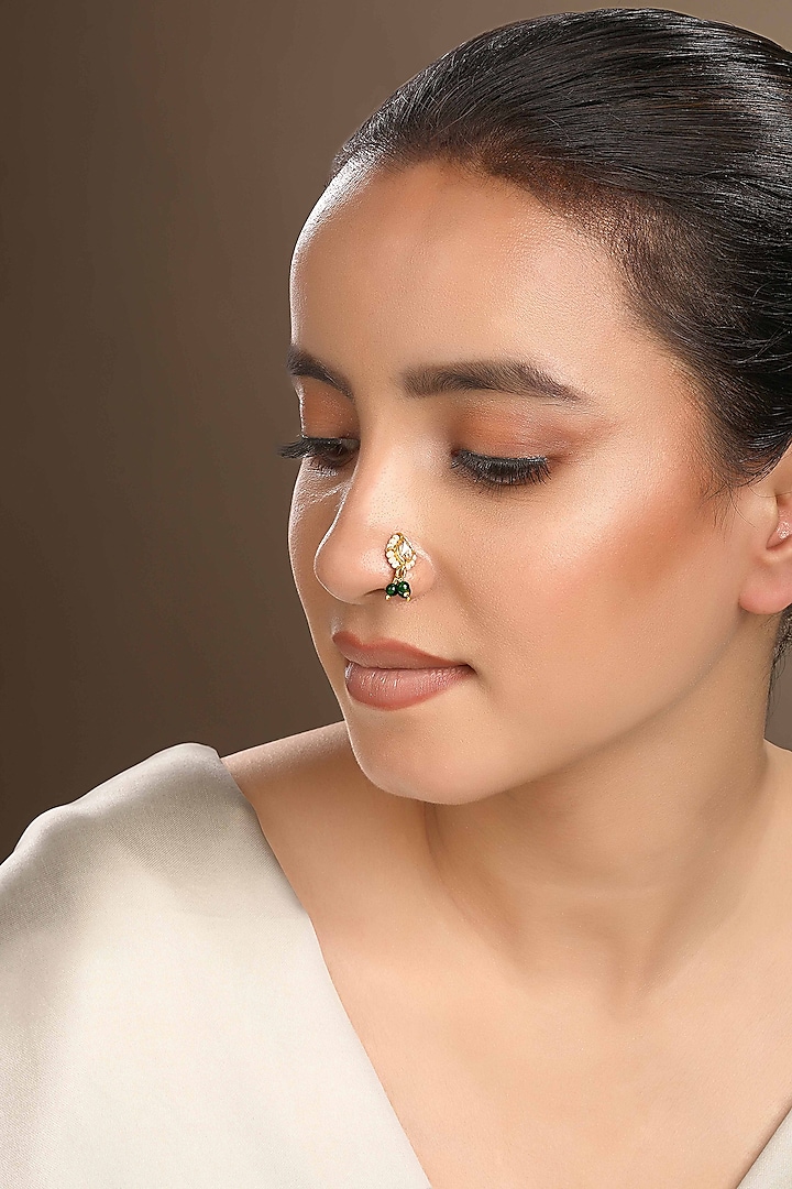 Gold Plated Green Kundan Polki Nose Ring In Sterling Silver by Sica Jewellery at Pernia's Pop Up Shop