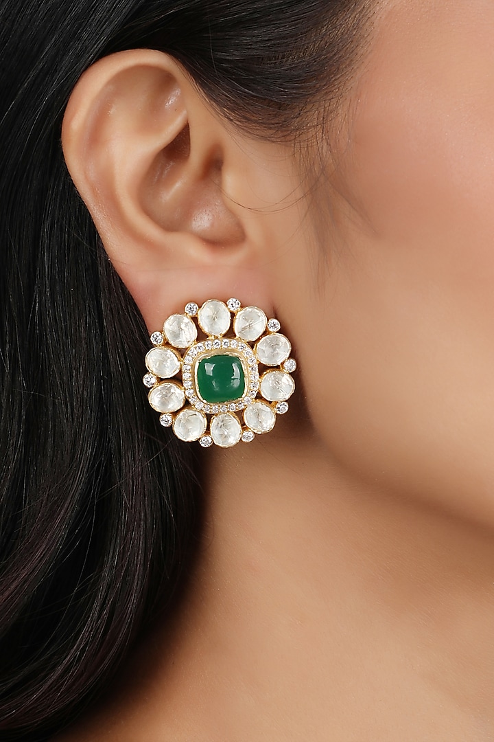 Gold Finish Emerald & Polki Stud Earrings In Sterling Silver by Sica Jewellery at Pernia's Pop Up Shop