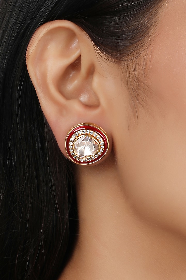 Gold Finish Moissanite Polki Stud Earrings In Sterling Silver by Sica Jewellery at Pernia's Pop Up Shop