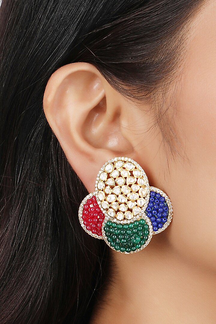 Gold Finish Moissanite Polki Dangler Earrings In Sterling Silver by Sica Jewellery at Pernia's Pop Up Shop