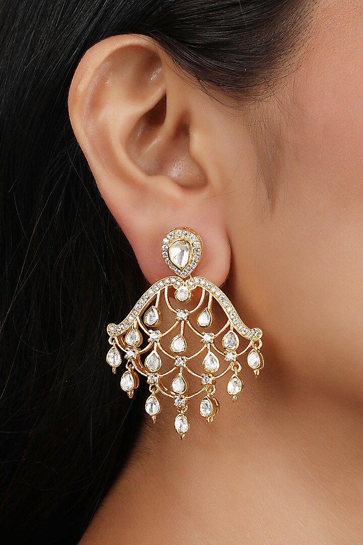 Gold Finish Moissanite Polki Dangler Earrings In Sterling Silver by Sica Jewellery at Pernia's Pop Up Shop