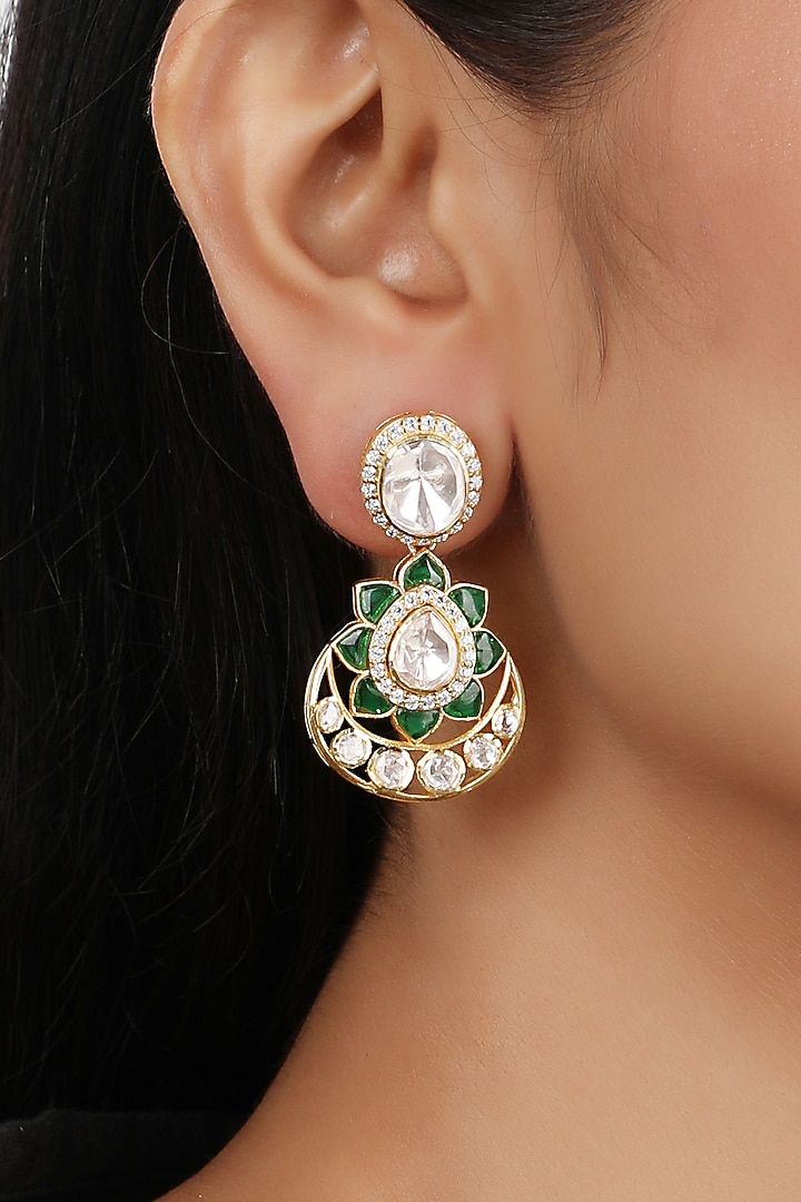 Gold Finish Moissanite Polki Dangler Earrings In Sterling Silver by Sica Jewellery at Pernia's Pop Up Shop