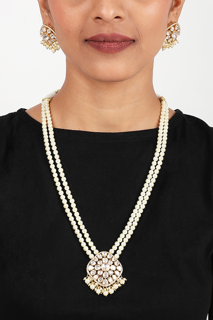 Gold Finish Yellow Moissanite Polki Long Necklace Set by Sica Jewellery at Pernia's Pop Up Shop