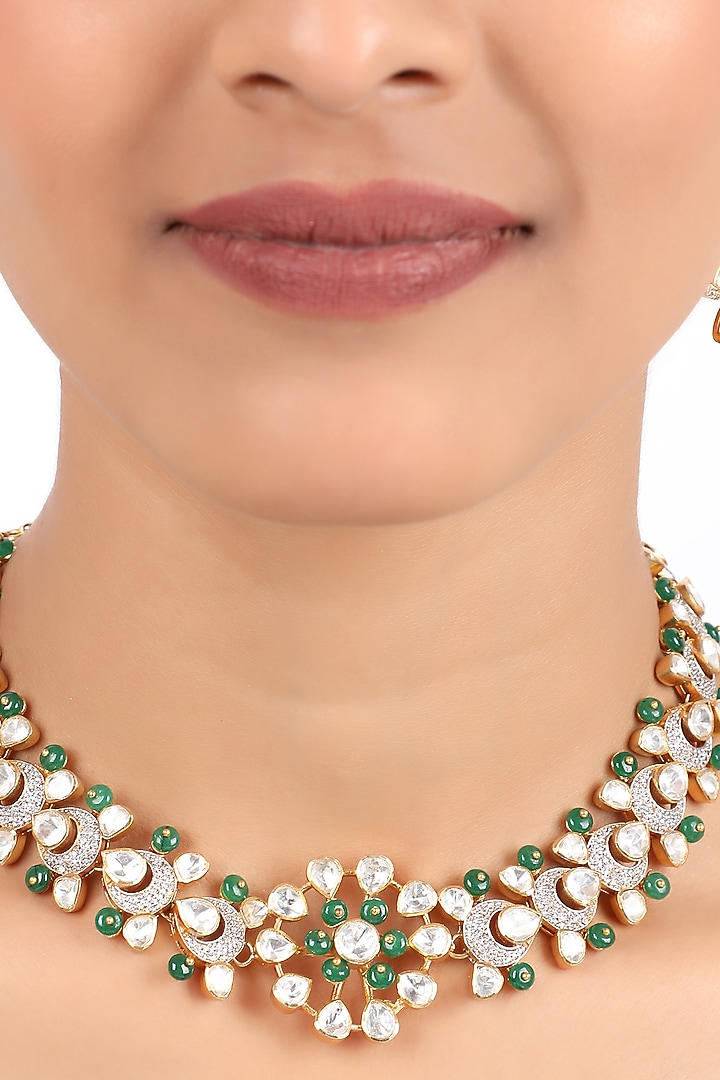 Gold Finish Yellow Moissanite Polki Necklace Set by Sica Jewellery at Pernia's Pop Up Shop