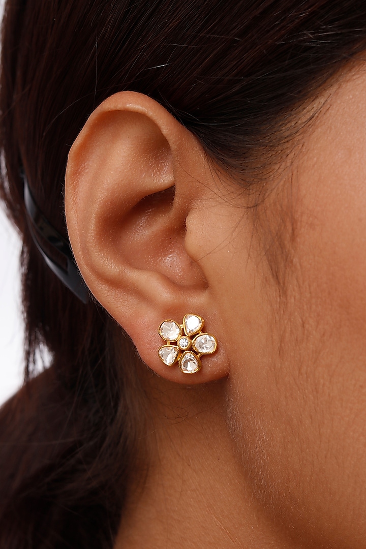 Gold Plated Kundan Polki Stud Earrings In Sterling Silver by Sica Jewellery at Pernia's Pop Up Shop